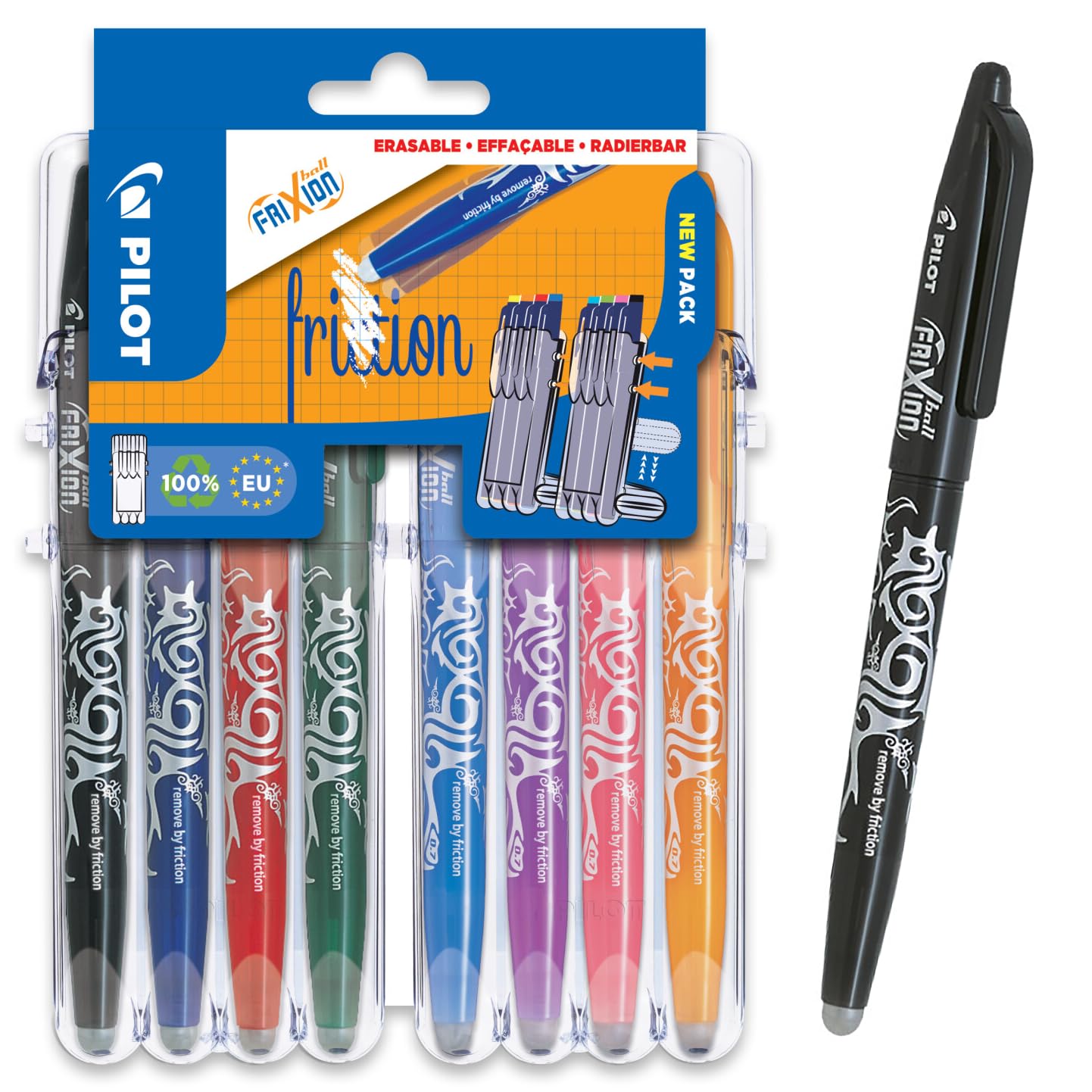 Pilot Frixion Rollerball 0.7mm Set to Go Pack of 8- Black/Blue/Red/Green/Sky Blue/Purple/Coral Pink/Apricot Orange โ image 1