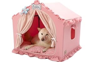 Jiupety Indoor Dog House with Frame, Cute Dog Tent Bed with Cover Cave, Breathable, Washable, and Foldable House, Suitable for 20-40 Lb, Large (25"×25"×25"), Pink