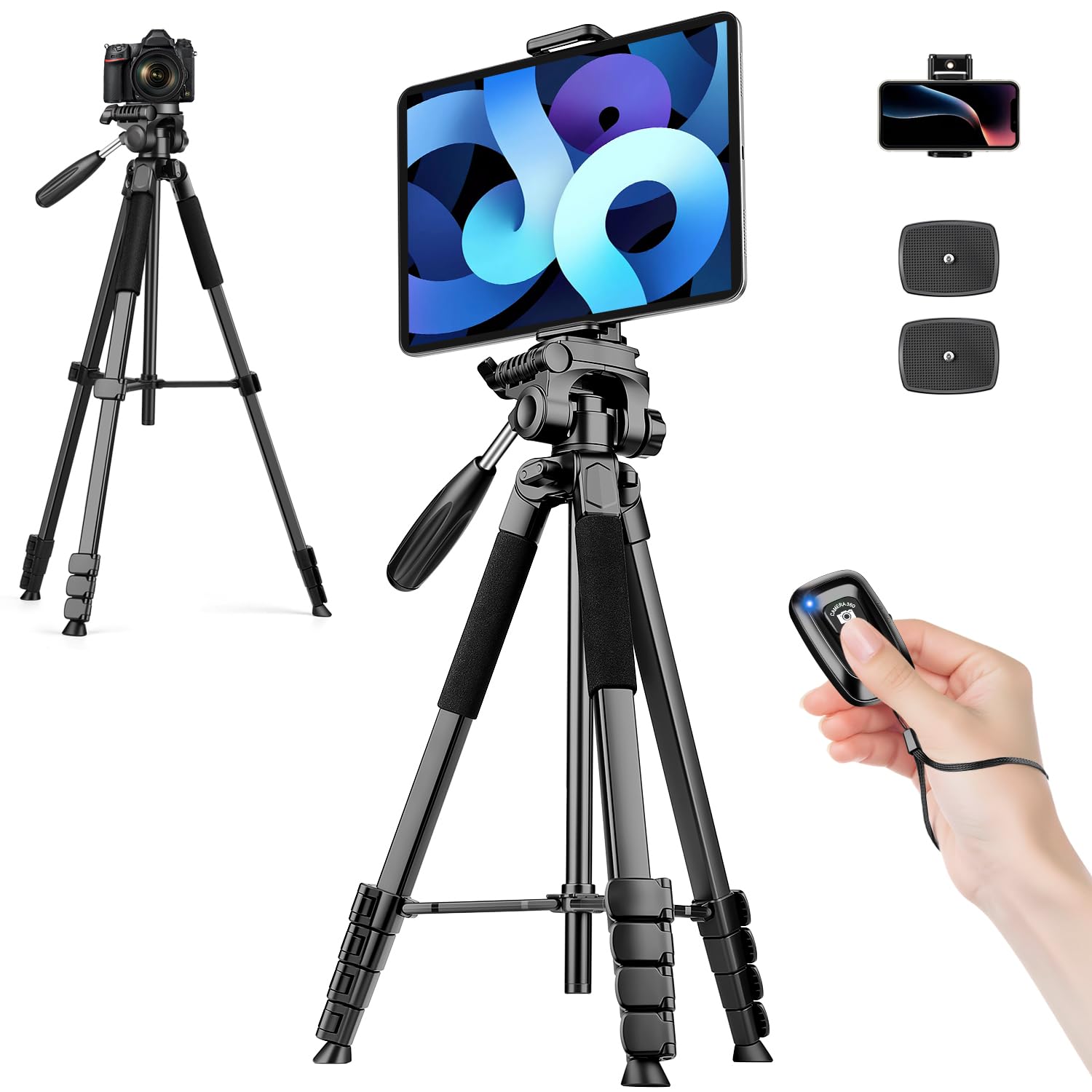 JOILCAN iPad Tripod for Phone, 68" Camera tripod for Tablet with Detachable Head, Lightweight Aluminum Travel Tripod for iPad Pro, Webcam, DSLR with Phone Holder and Shutter
