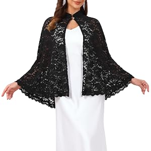 WOMLAYOUT Women Wedding Lace Stand Collar Long Cape Shrug Cocktail Party | Decorative button front. Semi-formal or formal occ