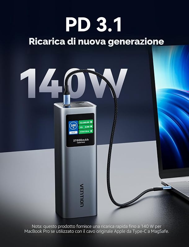 Power Bank 27000mAh 140W, Caricatore Portatile con 3 Porte, Ricarica Rapida PD3.1 e Display Digitale Intelligente, Compatibile con MacBook Pro, Dell, HP, iPhone 17/16/15/14, iPad, Galaxy S24