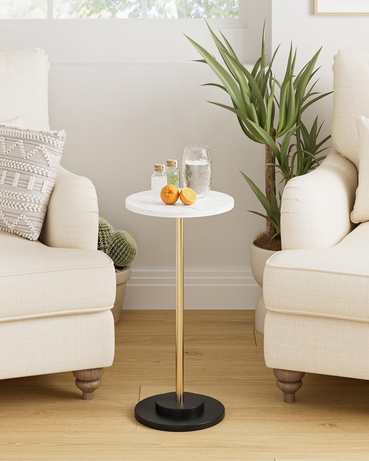 Photo 1 of Round Side Table, Small Drink Table for Small Spaces, Modern Accent End Table Coffee Table with Metal Leg for Living Room, Bedroom, Corners, and Office (White Marble)