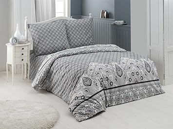 Buymax Bettwäsche-Set 3 Teilig, Renforce-Baumwolle, Reißverschluss, 200x200 cm, Grau, Paisley