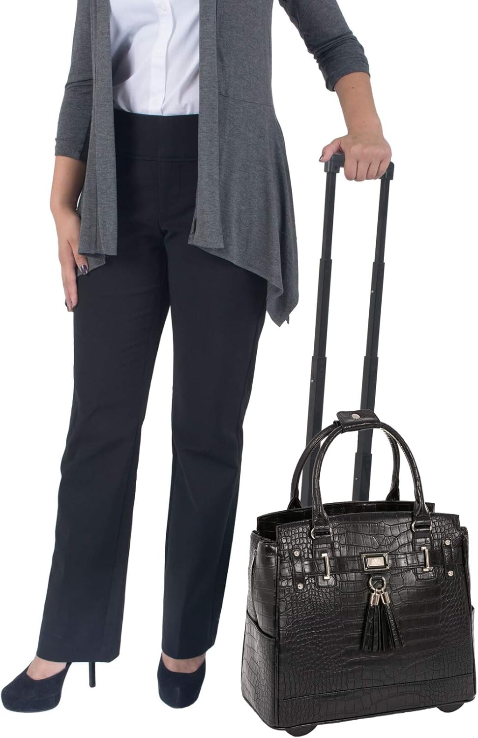 JKM and Company TIMELESS Black Alligator Crocodile Rolling Compatible with Computer iPad Tablet or Laptop Tote Carryall Bag