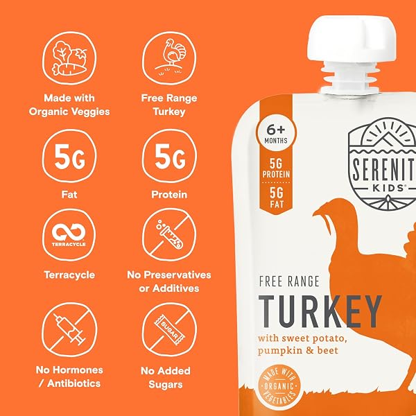 SERENITY KIDS 6+ MONTHS BABY FOOD POUCHES PUREE MADE WITH ETHICALLY SOURCED MEATS & ORGANIC VEGGIES | 3.5 OUNCE BPA-FREE POUCH | FREE RANGE TURKEY, SWEET POTATO, PUMPKIN, BEET | 1 COUNT