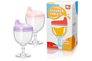 Irenare 2 Pcs Baby Wine Sippy Cup Plastic Goblet Cup No Spill Wine Glass Baby Sippy Goblet Glass Beverage Mug Milk Bottle with Lid for Kids (Pink,Purple)