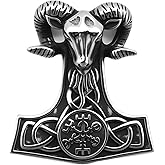 Joddfly Vintage men's Nordic goat thunder hammer compass rune pendant Viking Odin titanium steel amulet pendant necklace with wheat chain 24 inch gift box packaging