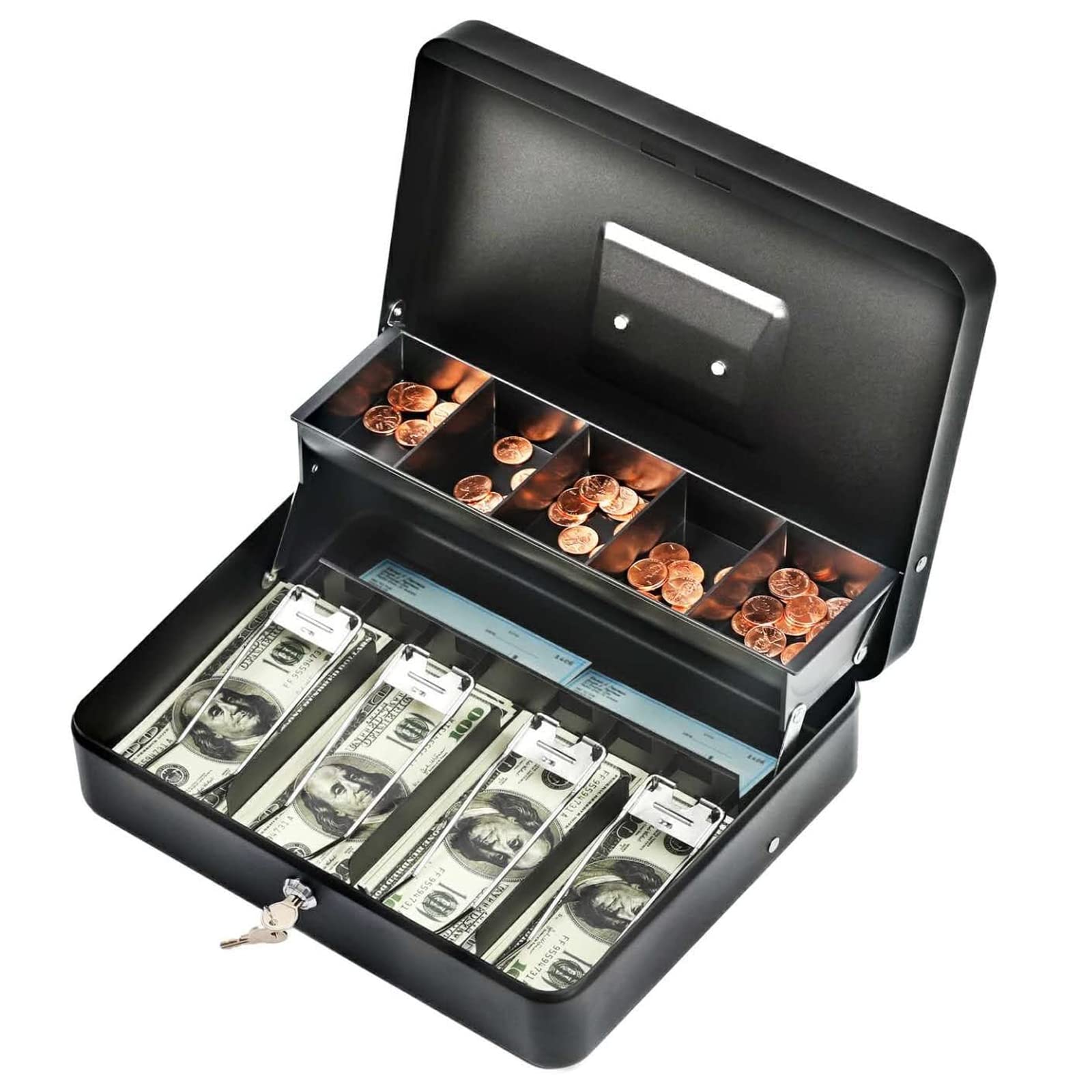 Cash Box with Lock and Money Tray - Tomekji Durable Metal Large Money Box 11.8"L x 9.5"W x 3.5"H - 5 Compartment Tray 4 Spring Loaded, Come with 2 Key, Black…