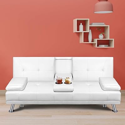 Walsunny Modern Faux Leather Couch, Convertible Futon Sofa Bed