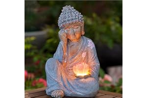 Thumok Buddha Statue Outdoor with Lotus Flower Light, IP65 Waterproof Solar Statue Lights, Outdoor Statues for Garden, Zen Decor for Garden, Home, Patio, Lawn