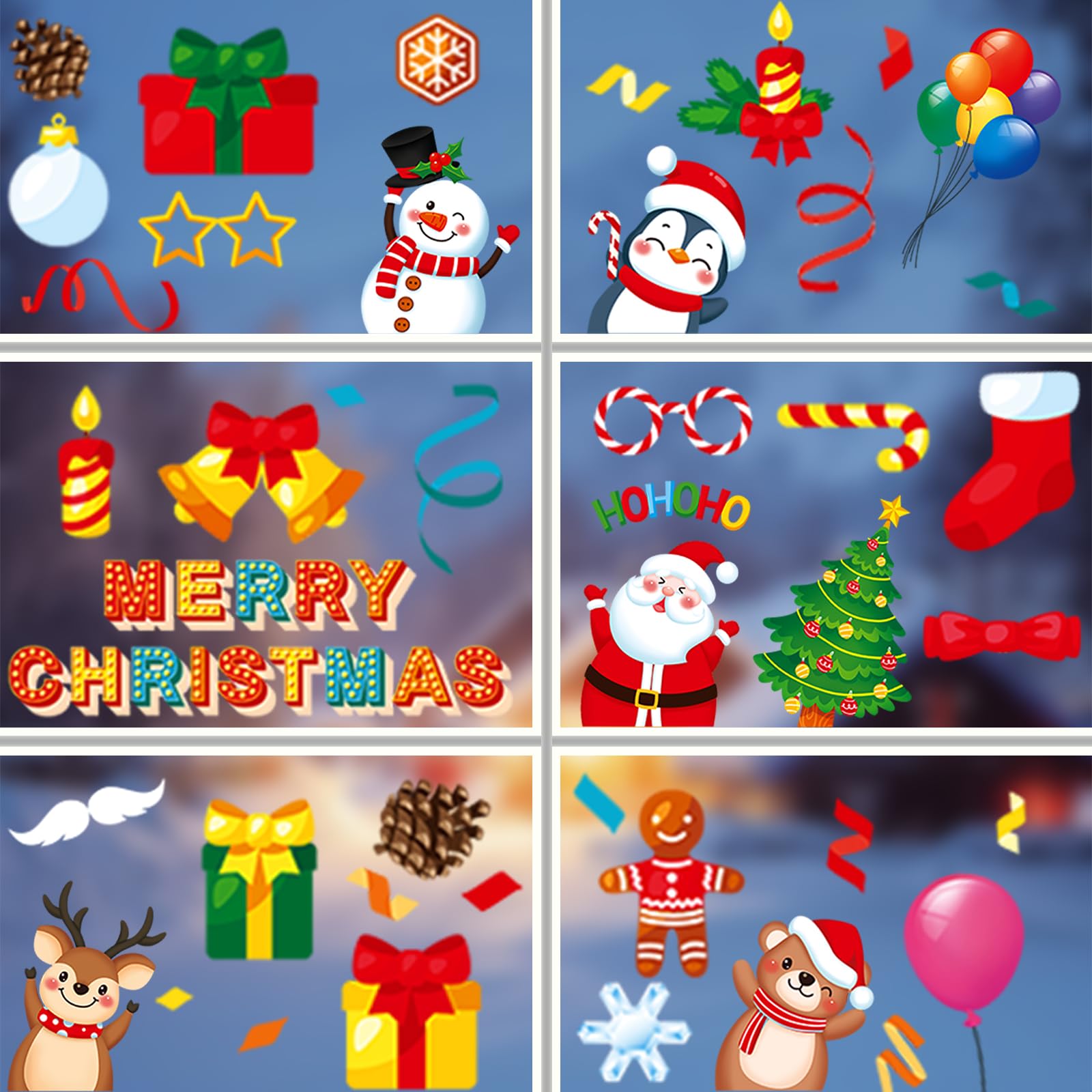 Oeyliz Christmas Window Clings Merry Christmas Window Stickers Decals Indoor Xmas Decorations Santa Reindeer Snowman Snowflakes 9 Sheets 80 PCS Window Stickers Winter Xmas Home Party Window Decor