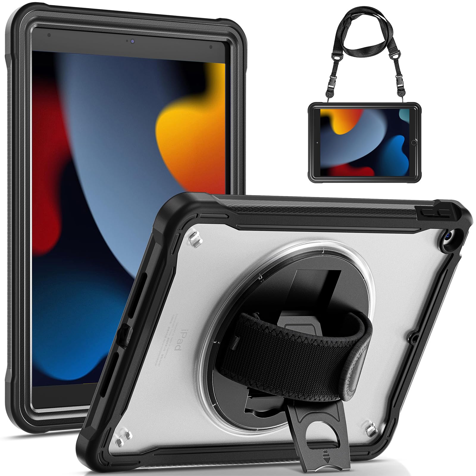 Gerutek iPad 9th/8th/7th Generation Case, Shockproof Drop Protection for 10.2 inch iPad with Clear Back Shell and 360° Stand/Hand Strap, Black/Clear — image 1