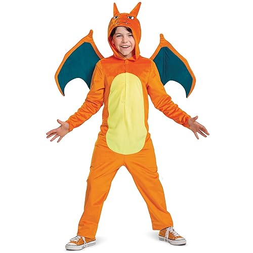 Disguise Charizard Costume for Kids, Official Pokemon Costume Hooded Jumpsuit, Child Size Medium (7-8)