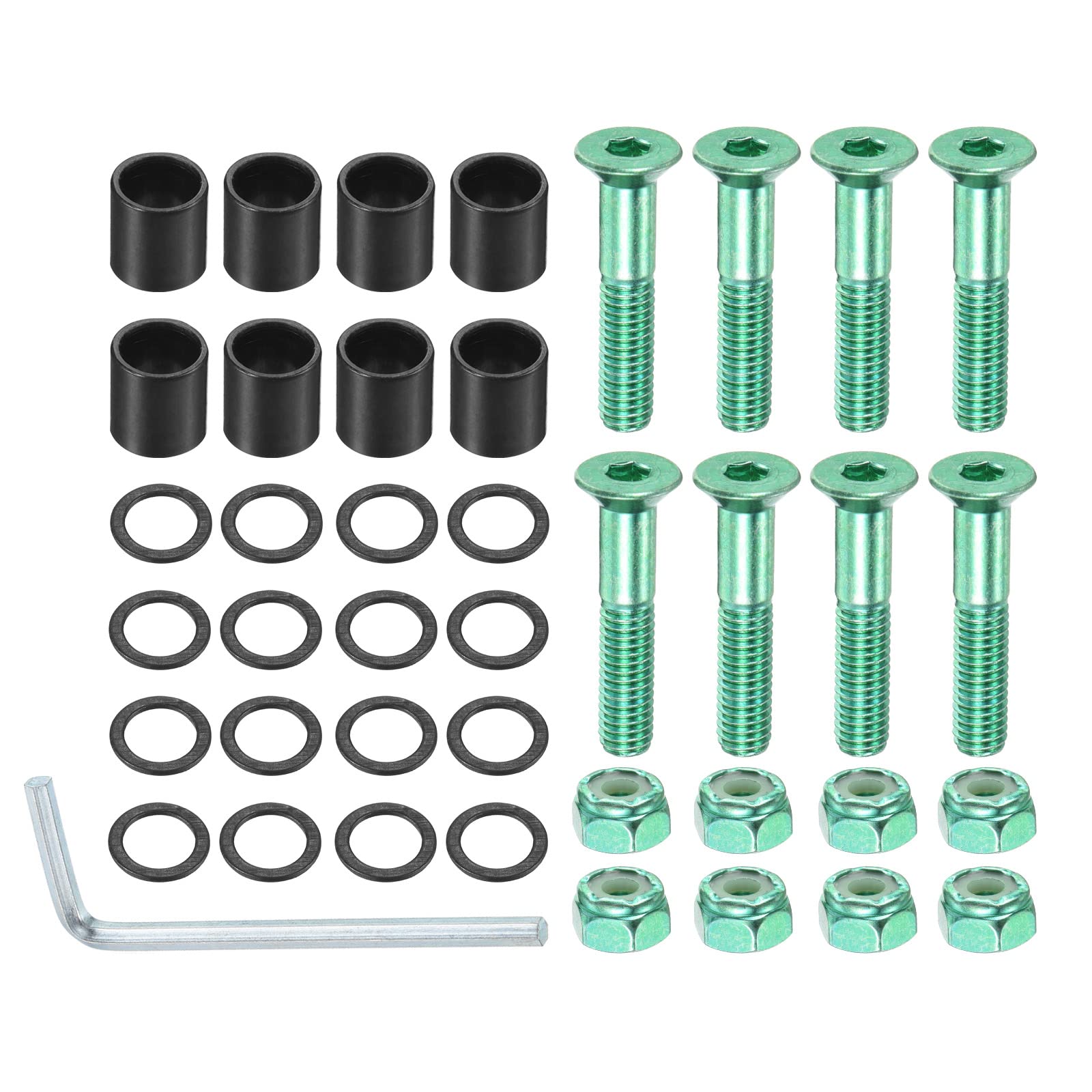 PATIKIL 1 Inch Skateboard Hardware Screws Bolts Kit, 8Pcs Skate Tools Mounting Hex Key Parts with Spacers Washers Nuts Wrench for Skateboard Longboard Wheel Accessories, Green Black