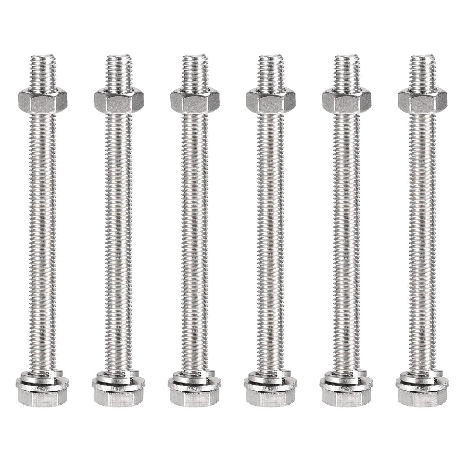 TOP-VIGOR 6Pcs M10 x 130mm Hex Head Screws Bolts, Nuts, Flat & Lock Washers Kits, 304 Stainless Steel Fully Thread Hexagon Bolts for DIY Bike Motorcycles Repair