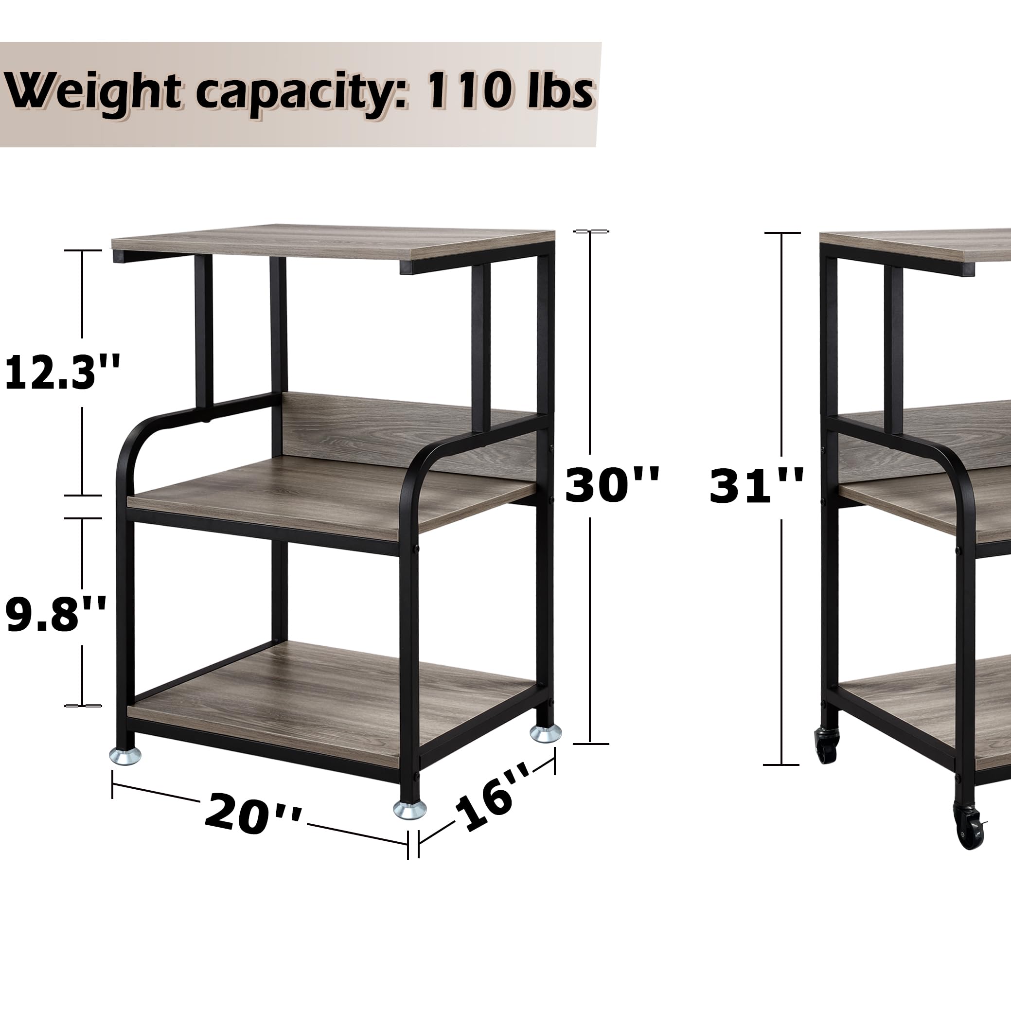 3-Tier Mobile Printer Stand on Wheels with Storage Shelves Industrial Style Machine Cart Organizer Table for Office and Home Slate Grey Wood and Black Metal Finished