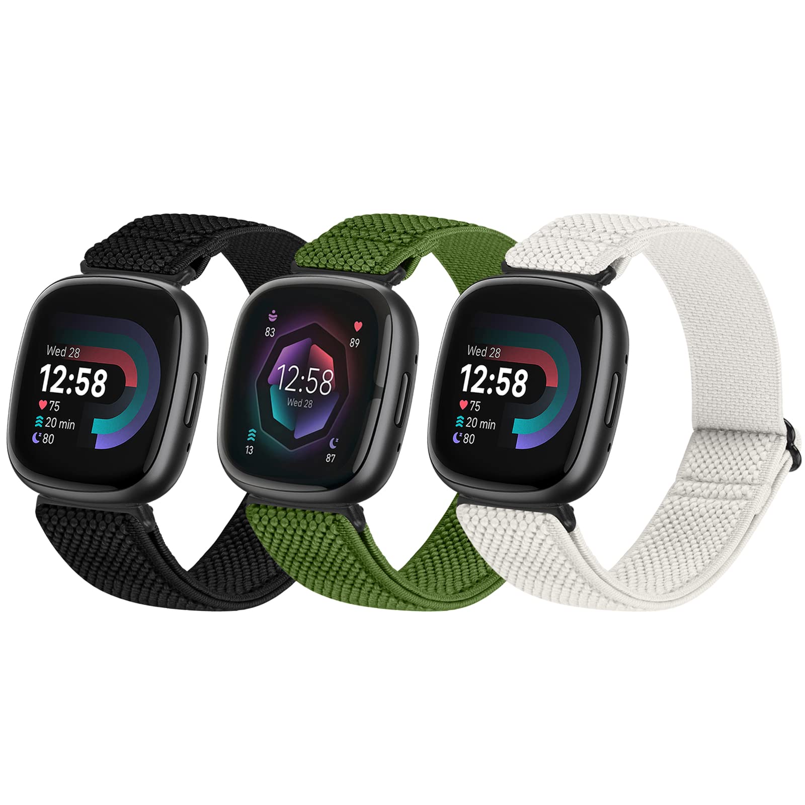 SHIJZWD 3 Pack Elastic Watch Straps - Compatible with Fitbit Versa 4/3 & Sense 2/1, Soft Breathable Nylon Sports Loop Bands - Stretchy Adjustable Replacement Wristbands for Women & Men