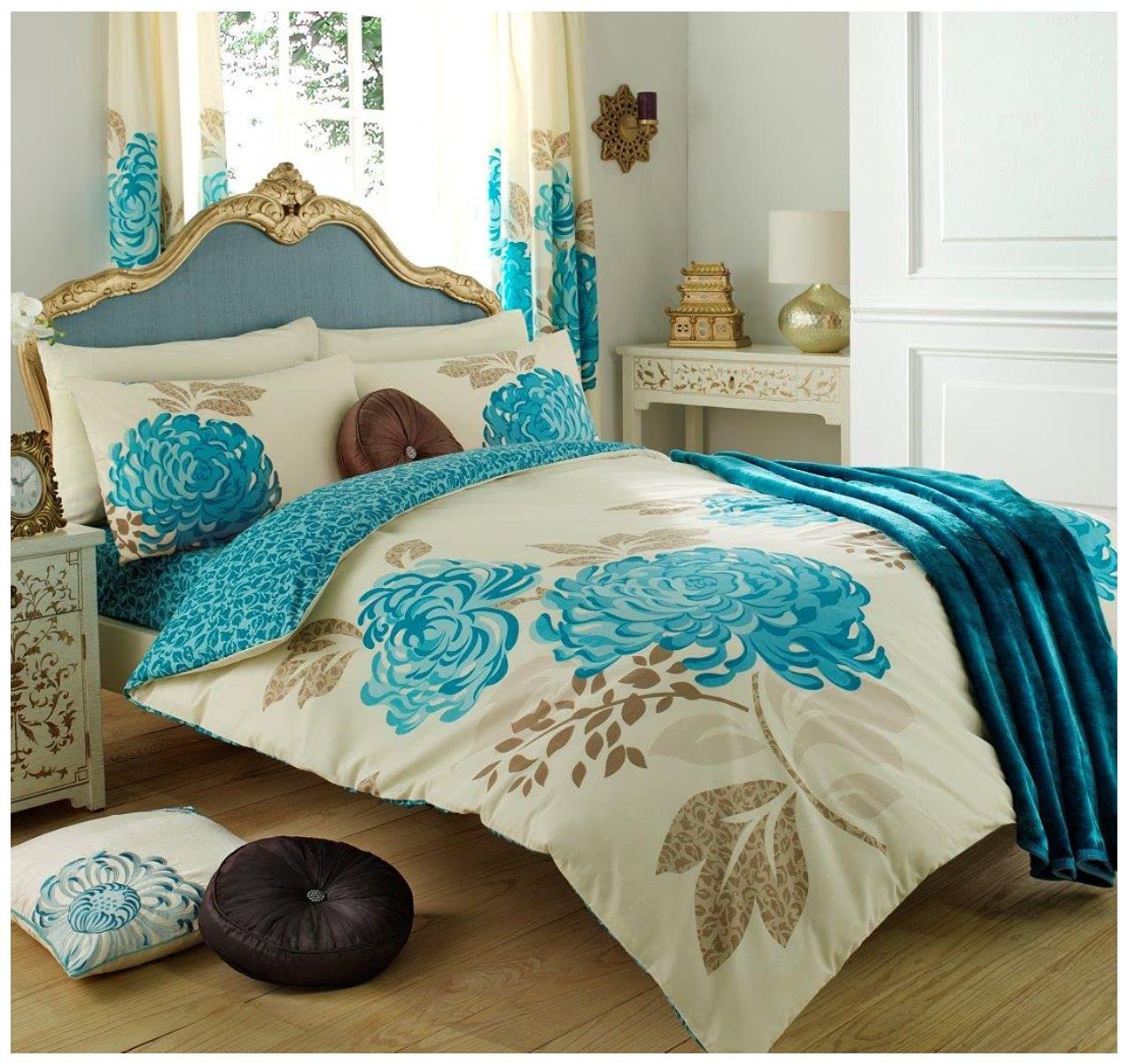 GC GAVENO CAVAILIA Easy Care Floral Printed Design Duvet Cover Set with Matching Pillowcase Geometric Bedding, DOUBLE, CREAM/Teal-kew