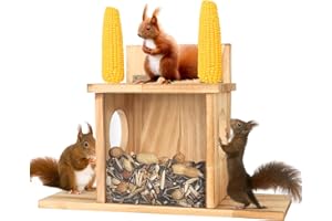 Wood Squirrel Feeder, Squirrel Feeders for Outside Winter, Wooden Chipmunk Feeder Waterproof for Corn, Peanuts, Durable Box E