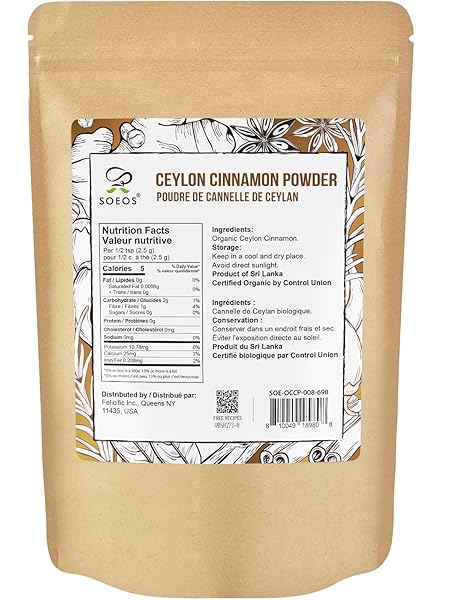 SOEOS ORGANIC CEYLON CINNAMON POWDER, 8OZ (PACK OF 1), PREMIUM GROUND CINNAMON, NON-GMO, GLUTEN-FREE, FRESHLY PACKED