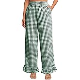 Flygo Women's Gingham Pants Y2K Cotton Wide Leg Ruffle Hem Lounge Pants Plaid Elastic Wasited Trouser with Pockets