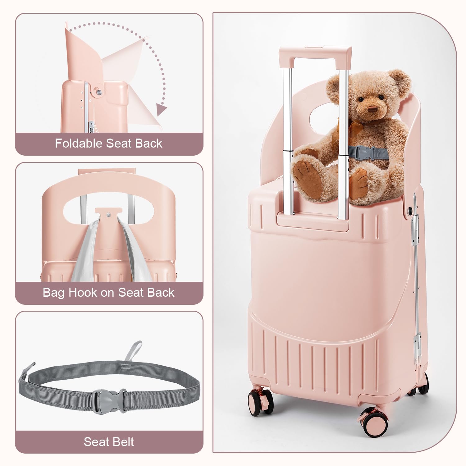 MRPLUM Ride On Luggage with Seat for Kids&Adults with Seat Belt,Hard Shell Lightweight Rolling Spinner Wheels Travel Luggage with TSA Lock,20 inch,Pink