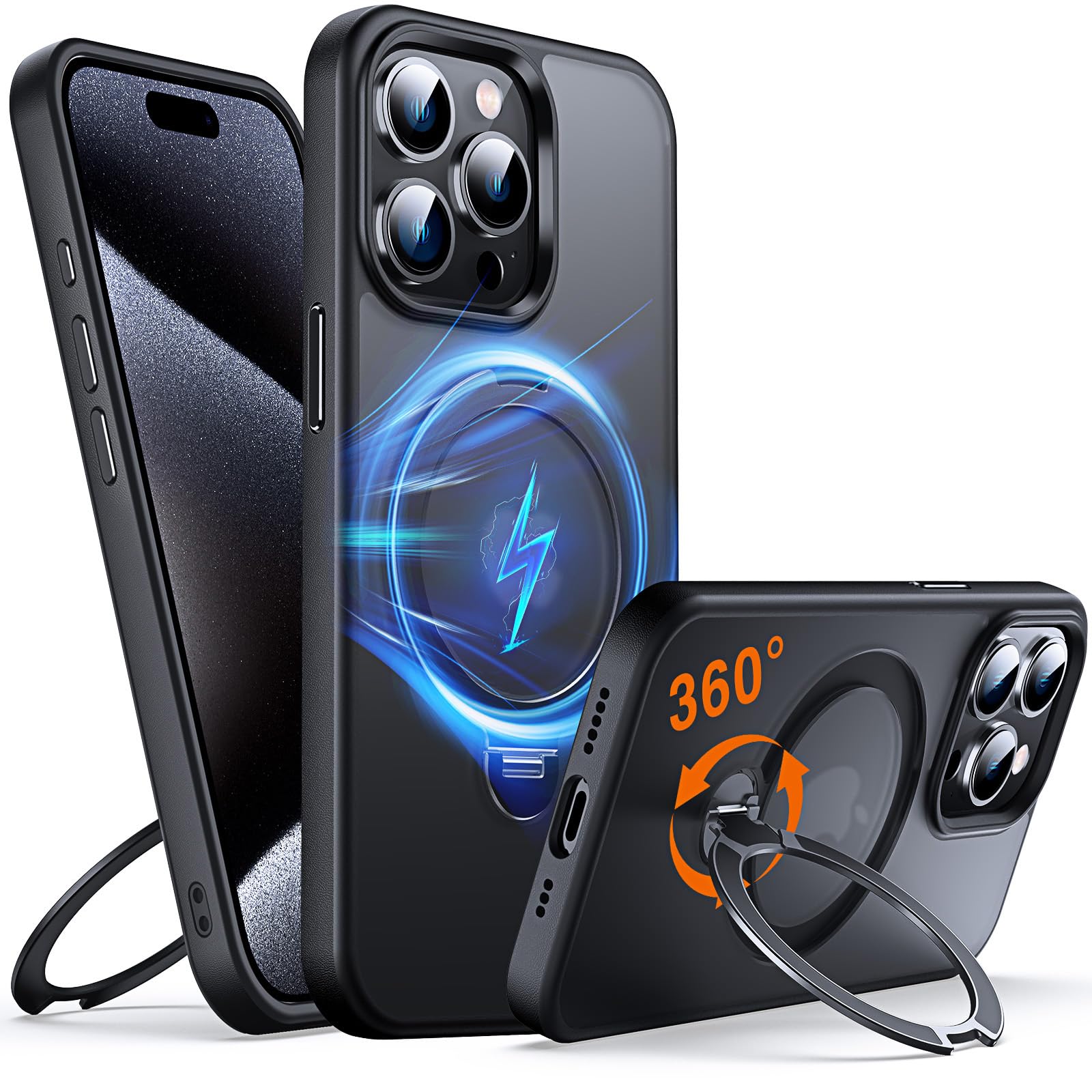 Chicfun 360° O-Ring MagStander for iPhone 15 Pro Case with Magnetic Kickstand Ring Holder [Compatible with MagSafe][360°Rotate Stand Ring][Military Shockproof] iPhone 15 Pro Phone Cover Matte Black