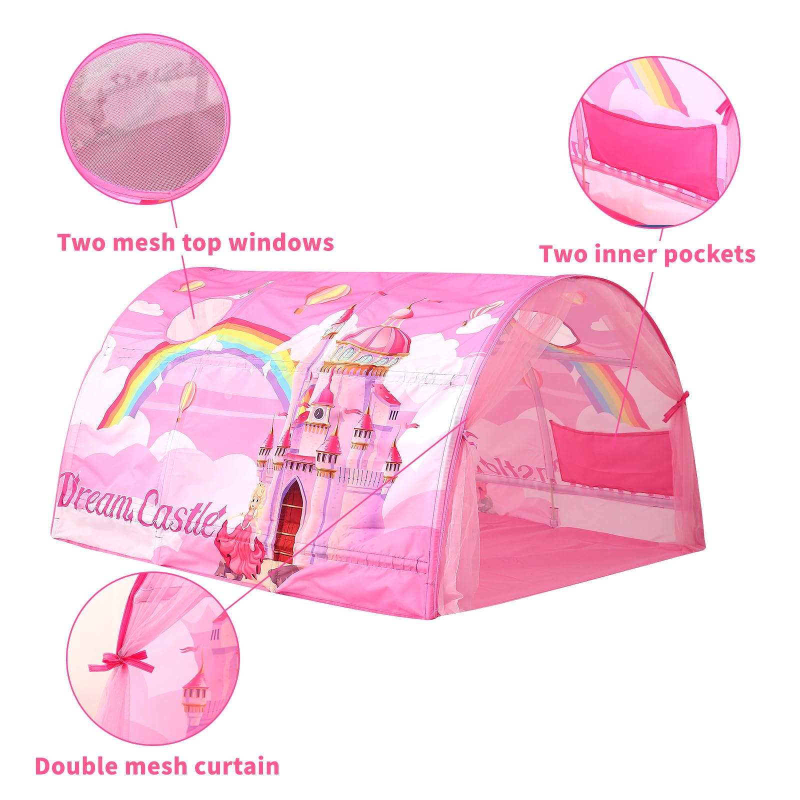 CRAWLBO Kids Bed Tent Twin Beds -Cartoons Wonder Play Tents Boys Girls Ventilated Indoor Play Tent Children Promotes Independent Play, Stimulates Imagination Set-Up Playhouse (Castle
