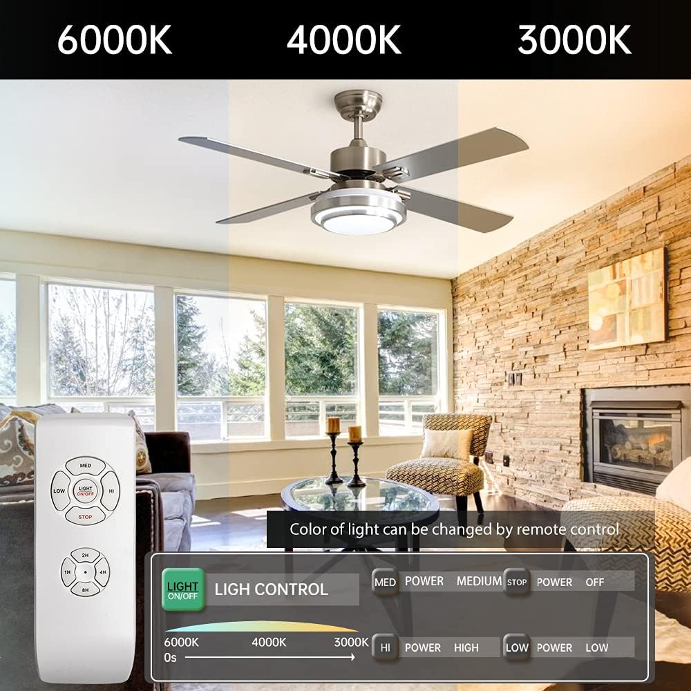 Warmiplanet Ceiling Fan with LED Light and Remote Control, 52 Inch, Brushed Nickel (4-Blades): Kitchen & Dining