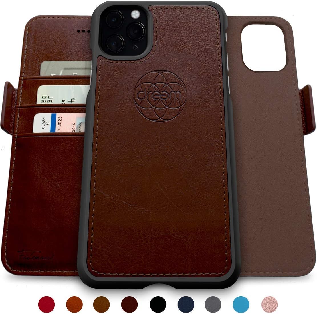 dreem Fibonacci 2-in-1 Wallet-Case for iPhone XR, Magnetic Detachable Shock-Proof TPU Slim-Case, RFID Protection, 2-Way Stand, Luxury Vegan Leather, GiftBox - Coffee