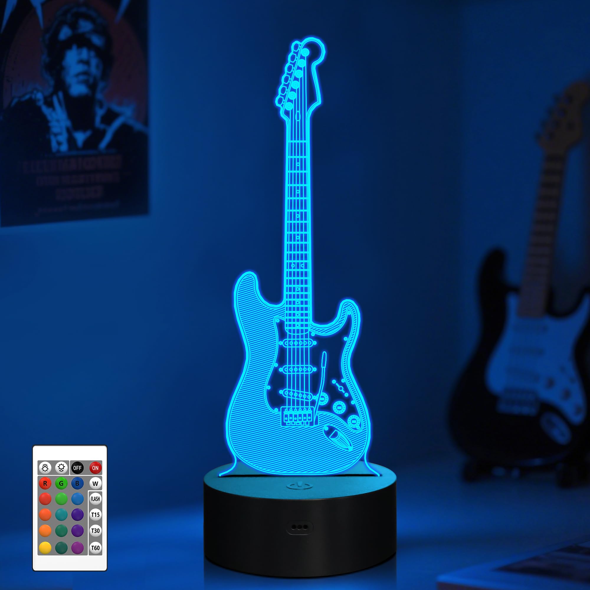 CooPark Guitar Night Light, 3D Optical Illusion LED Bedside Lamp with Remote Control 16 Colors Changing, USB Powered Home Party Decor Creative Birthday Gift for Friend Music Lover