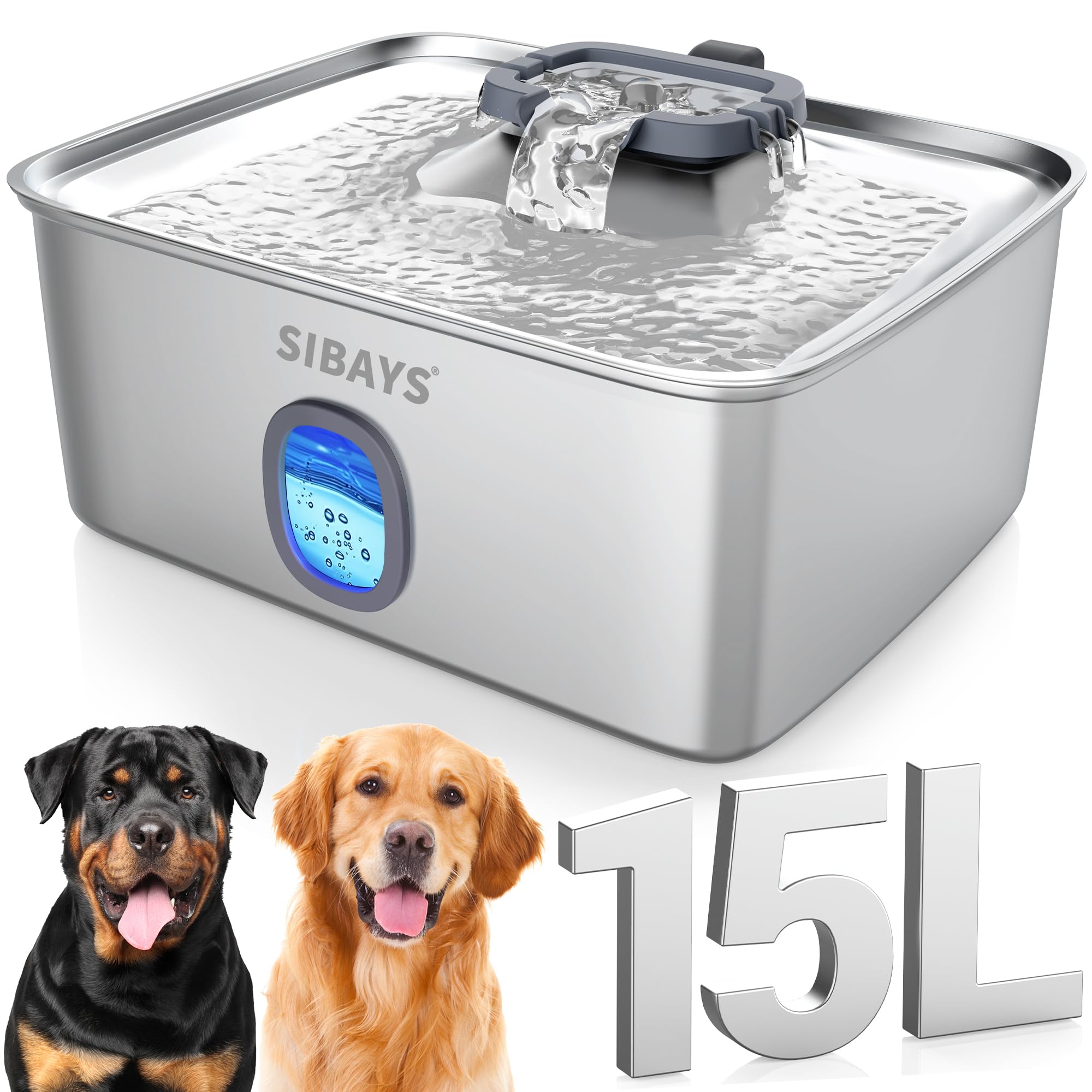 Photo 1 of SIBAYS 4Gal/15L Large Dog Water Fountain, Stainless Steel Pet Fountain with Water Window & LED Light, Ultra Quiet Automatic Dog Water Bowl Dispenser for Large Dogs & Multi-pet, Easy to Clean FS76