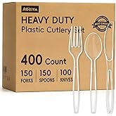 400 Count Heavy Duty Plastic Silverware, BPA-Free, Clear Plastic Cutlery Set, Premium Disposable Utensils for Party Everyday Use, 150 Forks, 150 Spoons and 100 Knives