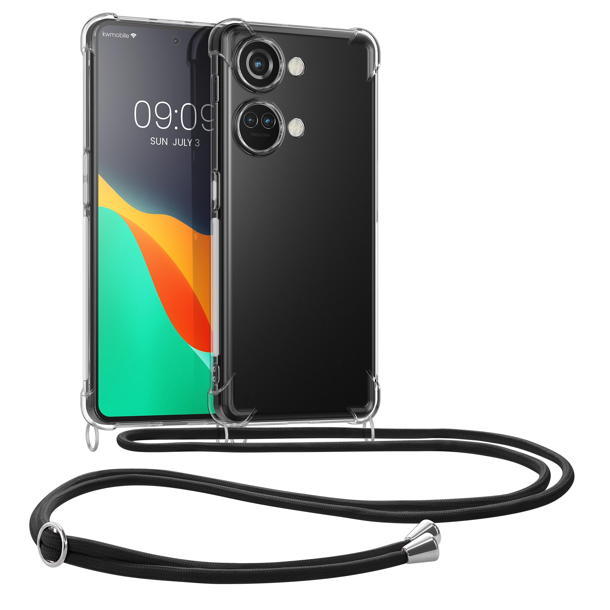 kwmobile Crossbody Case Compatible with OnePlus Nord 3 5G Case - Clear TPU Phone Cover w/Lanyard Cord Strap - Transparent/Black