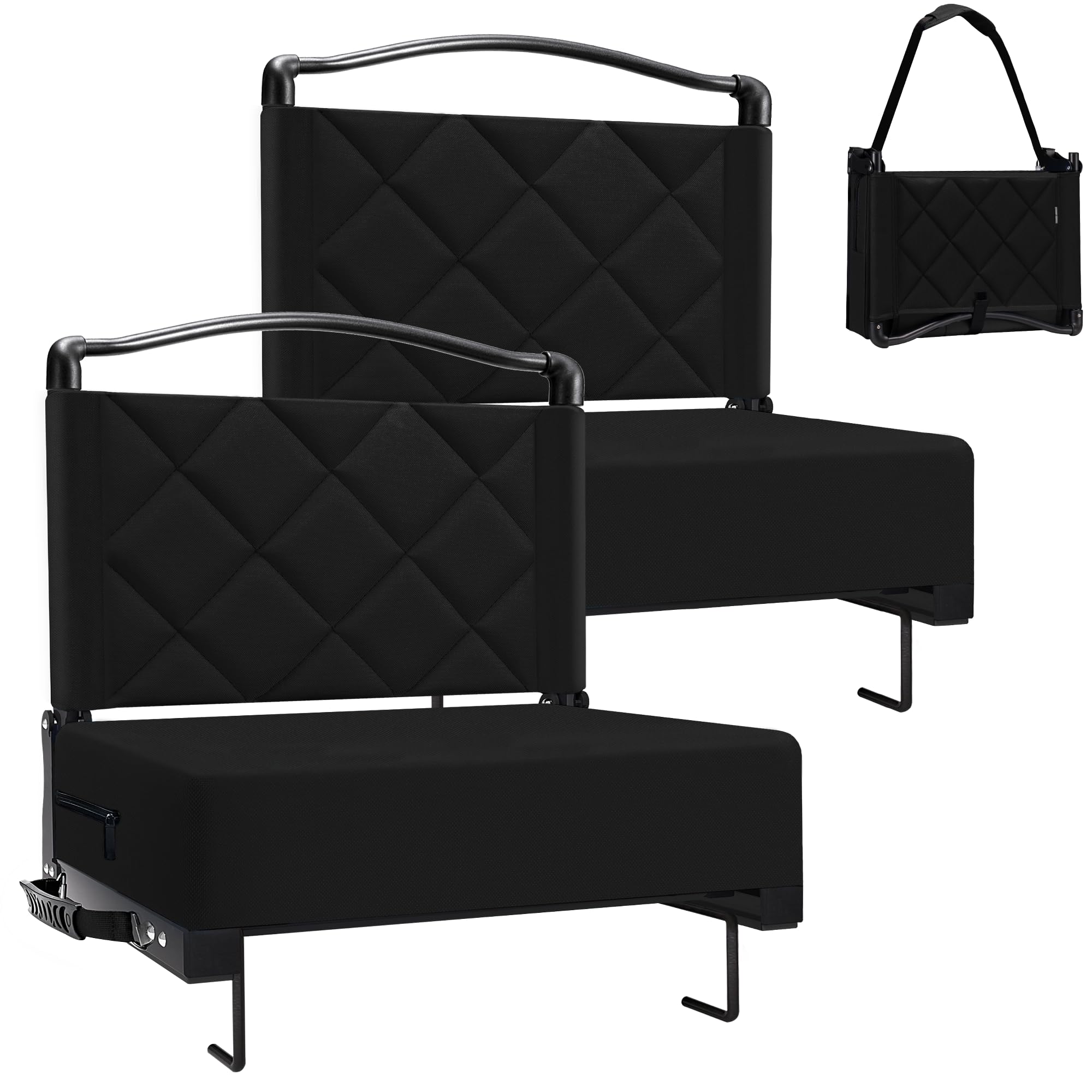 Kaganoon Stadium Seats with Back Support Cushion, Folding Stadium Seats for Bleachers Hold up 400lbs, Wide Bleacher Seat with Shoulder Strap & Handle Comfort for Sports Events (Black, 2pcs) Image