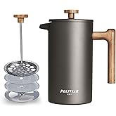 POLIVIAR French Press Coffee Maker, 34 Ounce Coffee Press with Real Wood Handle, Double Wall Insulation & Dual-Filter Screen, Food Grade Stainless Steel for Good Coffee and Tea (Cliff)
