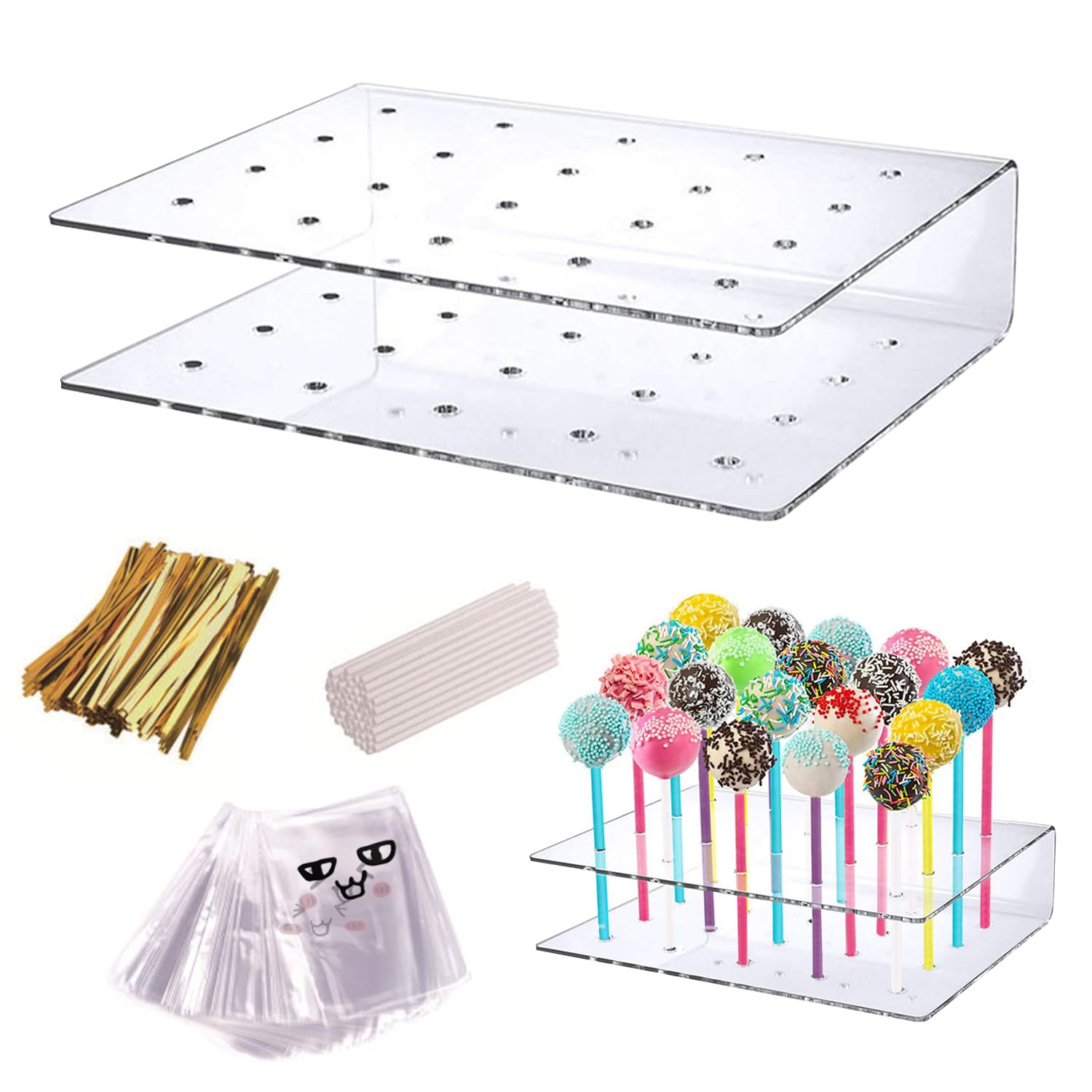 USHXVG 1 Piece of Lollipop Display Stand, 100 Pieces of Paper Sticks, 100 Pieces of Tie Strips, 100 Pieces of Packaging Bags, Transparent Display Stand, 20-Hole Lollipop Stand, Candy Display Stand