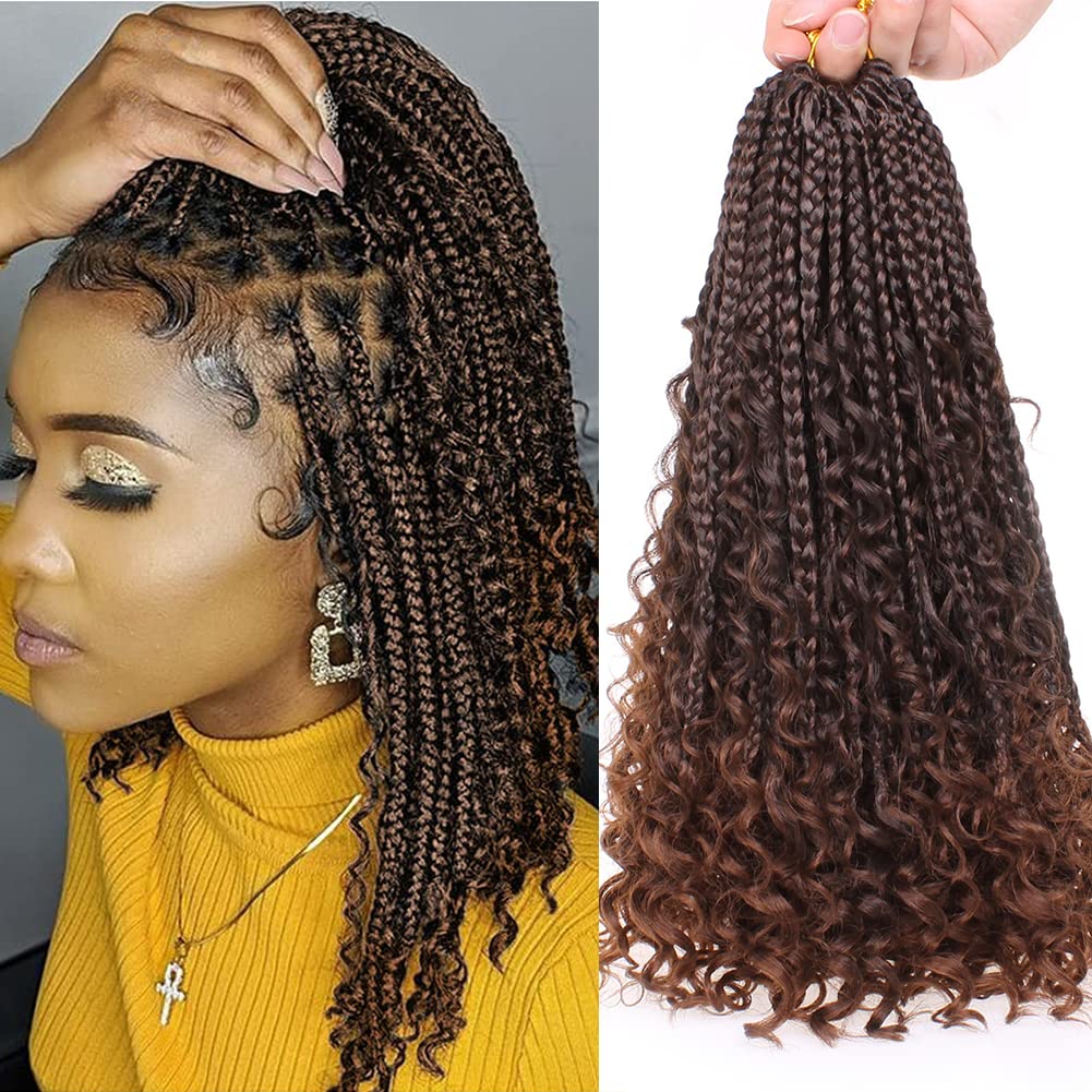 XTREND 14 Inch Goddess Box Braids Crochet Hair 8Packs Ombre Brown Boho Box Braids with Curly Ends Crochet Braids Synthetic Braiding Hair Extension T30, 14 Inch (Pack of 8)