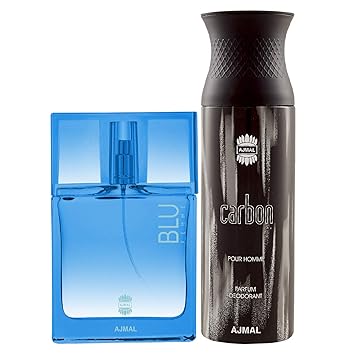 Ajmal Blu Femme EDP Floral Woody Perfume 50ml for Women and Carbon Homme Deodorant Citrus Spicy Fragrance 200ml for Men+ 2 Parfum Testers FREE