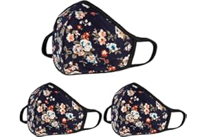 BEATBASIC 3PCS Floral Face Mask - Outter Navy Blue Inner White Cotton - Reusable Cloth Comfy Breathable Material - for Outdoor Half Face Protections - Cute Face Protections for Women Man