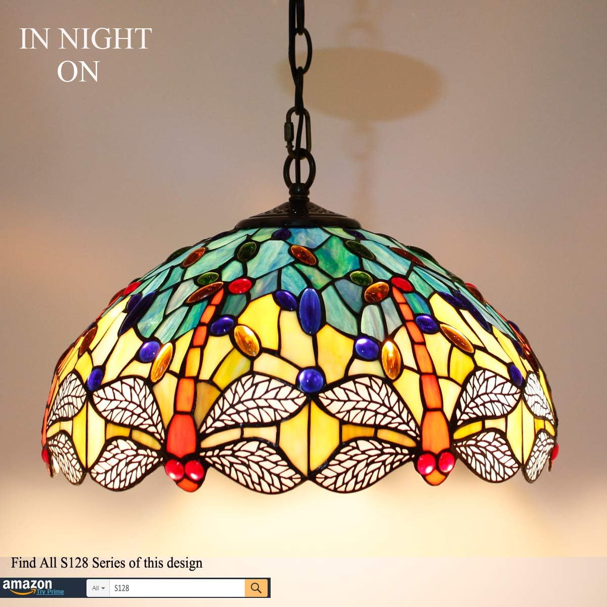 Tiffany Hanging Lamp W16H40 Inch (LED Bulb Included) Pendant Light Stained Glass Dragonfly Shade Chandelier Ceiling Fixture S128 WERFACTORY Decorate Dining Living Room Bedroom Study Office Coffee Bar - - 