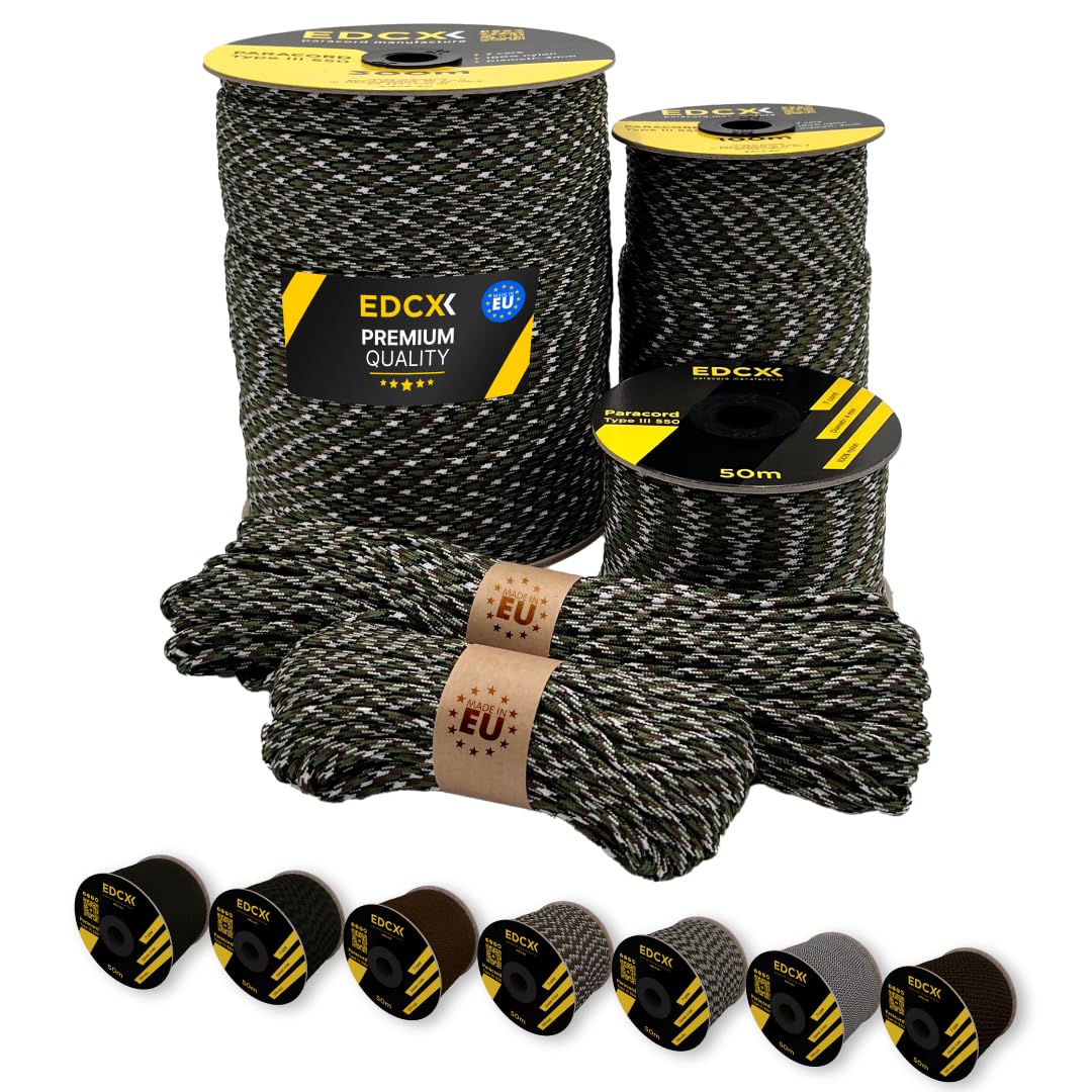 EdcX Paracord 4mm, 20+ Military Colors (15m, 30m, 50m, 100m, 300m) | Ideal for Camping, Survival, Outdoor, Crafting, DIY | 100% Nylon Rope 4mm | Tactical Cord 550 Type III (French Camo, 15 m) — image 1