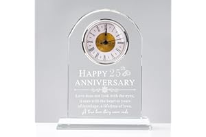 QIANRUNA Best 25th Wedding Anniversary Glass Clock Gifts for Her & Him, 25 Years of Marriage Quartz Clock Decoration for Husband & Wife