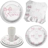 Pink Bows 1st Birthday Party Supplies - 64 Piece First Birthday Tableware Set Includes Large 9" Dinner Plates and 8" Dessert Paper Plates Napkins Cups - Kit for 16