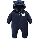 Newborn Baby Fleece Jumpsuit Unisex Infant Bear Hooded Onesie with Mitten Cuffs Winter Warm Snowsuit Outfit