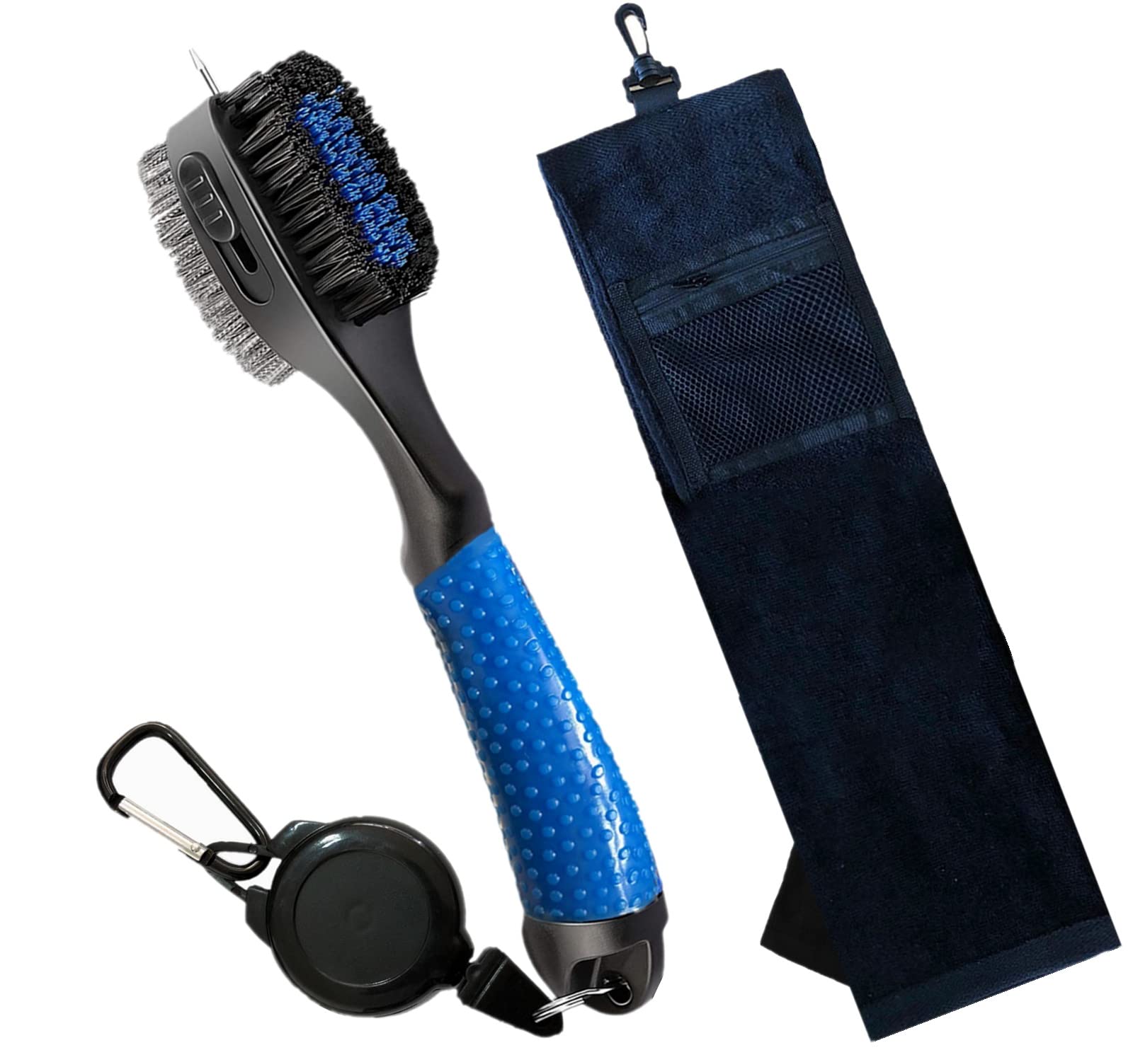 FINGER TEN Golf Towels for Golf Bags with Clip and Brush Waffle 25"X16" Value Set, Tri-fold Towel Hook Loop with a Net Bag for Men Women Club Cleaning Groove Cleaner (Black Towel+Brush)