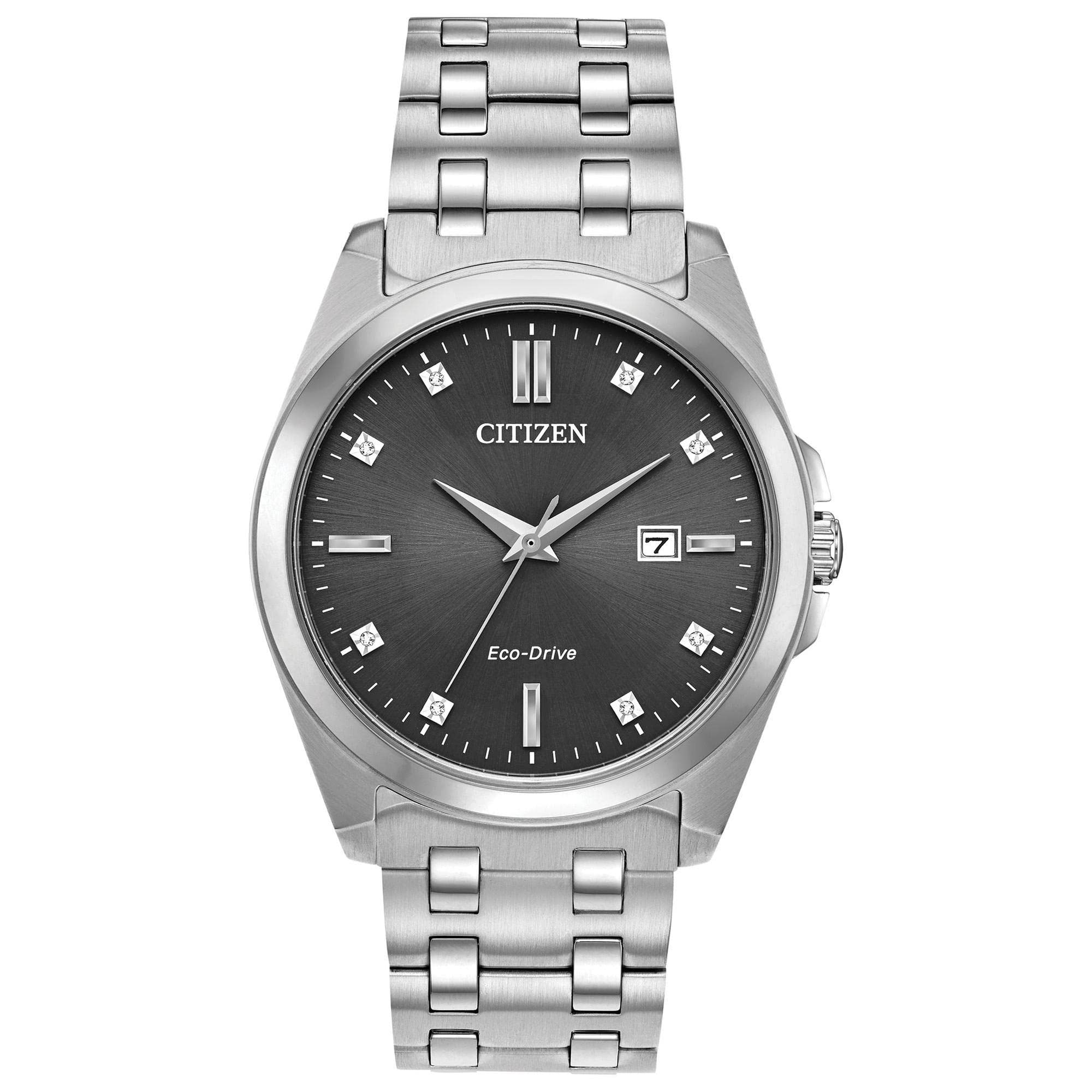 Reloj Citizen Classic Peyton Eco-Drive de 3 manecillas para hombre, fecha, cristal de zafiro, marcadores de diamantes, esfera inoxidable/gris