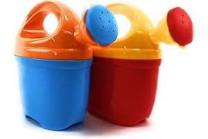 Matty's Toy Stop 7" Two Piece Plastic Watering Cans for Kids Blue/Orange & Red/Yellow Gift Set Party Bundle - 2 Pack