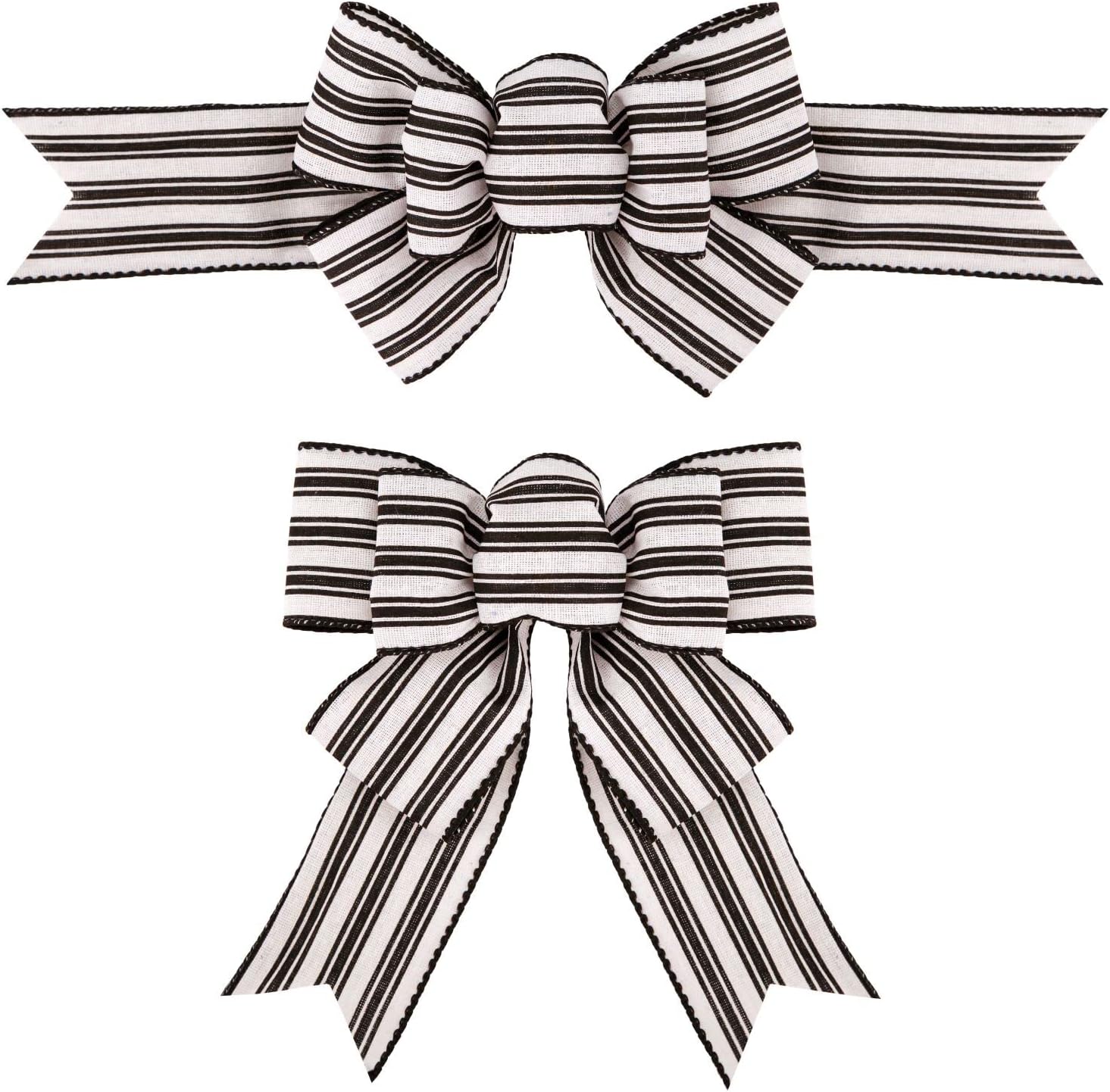 Bows & Ribbons - Meseey 2 Pcs Farmhouse Stripe Wired Ribbon Handmade Premade Black and White Striped Burlap Bows for Wreaths Tree Decorations Gift Wrapping Outdoor Decoration(Black and White Stripe)