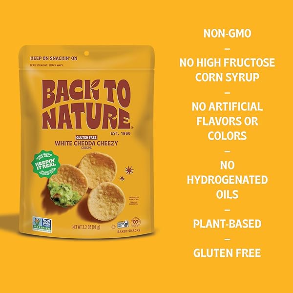 BACK TO NATURE GLUTEN FREE CRACKERS, WHITE CHEDDA CHEEZY CRISPS – VEGAN, NON-GMO, CRACKERS FOR DIPPING – SERIOUSLY TASTY SNACKS, 3.2 OUNCE​